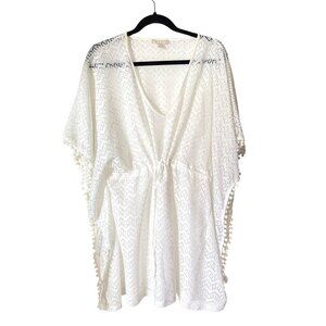 White Crochet Kimono Cover-Up With Pom Pom Trim One Size 100% Polyester Made In